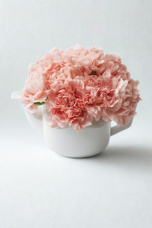 A soft arrangement of pink carnations is presented in a simple white ceramic cup, creating a gentle and elegant floral display.の写真素材