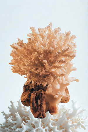 A close-up view of a unique orange sea snail with a highly textured, layered shell sitting on a white coral-like base.の写真素材
