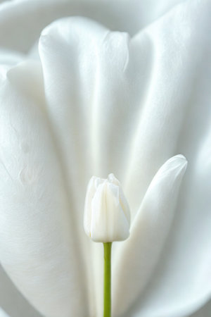 Macro view of pure white petals unfurling, revealing a soft center and a vibrant green stem. Natural beauty.の写真素材