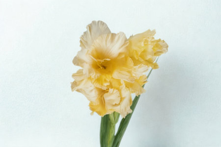 A single, ruffled daffodil with soft yellow and white petals stands tall against a pale blue backdrop.の写真素材