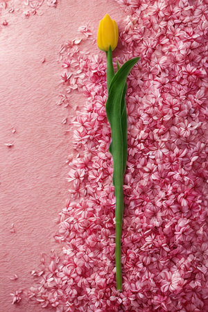 A vibrant yellow tulip stands tall against a soft backdrop of scattered pink flower petals, creating a delicate and elegant composition.の写真素材
