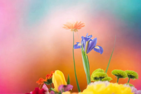 A colorful arrangement of spring flowers, including irises and gerberas, set against a soft, blurred background of pink, blue, and green.の写真素材