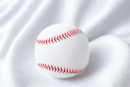 A single, white baseball with iconic red stitching rests on a softly draped white fabric, creating a clean and classic sports aesthetic.の写真素材