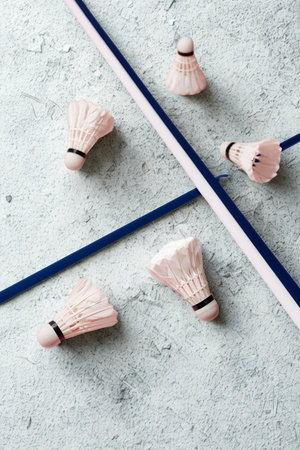 Several light pink badminton shuttlecocks are scattered on a grey, textured surface, intersected by two dark blue lines.の写真素材