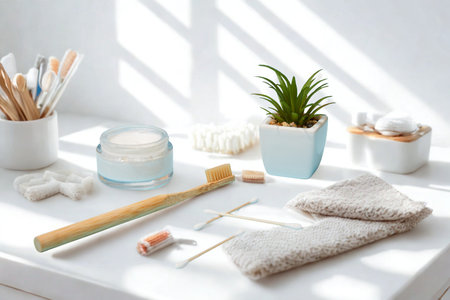 A minimalist bathroom scene with a bamboo toothbrush, cotton pads, and a small potted plant bathed in soft sunlight.の写真素材