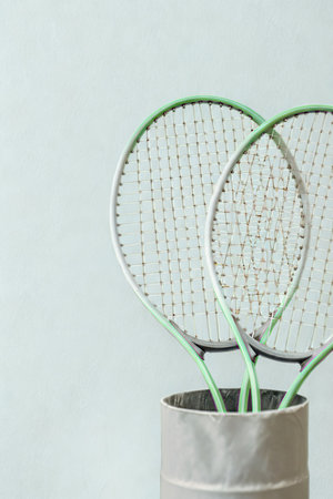 A close-up shot shows two badminton rackets with light green handles and white strings. They are placed upright in a textured, light-colored container.の写真素材