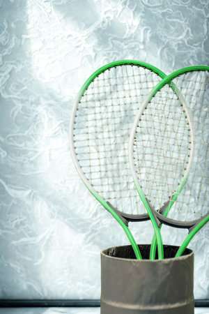 Two bright green badminton rackets stand upright in a dark pot against a textured, light-colored background.の写真素材