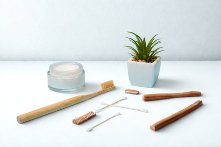 A collection of natural bamboo dental hygiene items, including a toothbrush, dental picks, and a small potted plant on a white surface.の写真素材