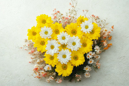 A vibrant heart-shaped bouquet featuring bright yellow and white gerbera daisies, accented with delicate baby's breath flowers.の写真素材