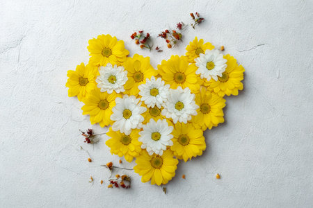 A heart shape is artfully arranged from bright yellow and white daisy-like flowers, with scattered small brown elements.の写真素材