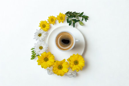 A white coffee cup filled with dark coffee sits on a saucer, encircled by a vibrant arrangement of yellow and white daisies and green leaves.の写真素材