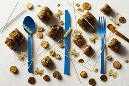 A top-down view of blue cutlery, pasta shapes, and small food items arranged on a white surface.の写真素材