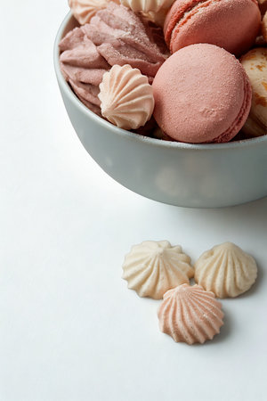 A close-up shot features a bowl overflowing with various pastel-colored meringue cookies, with a few scattered on a white surface.の写真素材