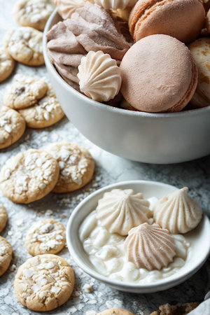 A delightful spread of various cookies and baked treats, some dusted with powdered sugar, presented in a bowl and on plates.の写真素材