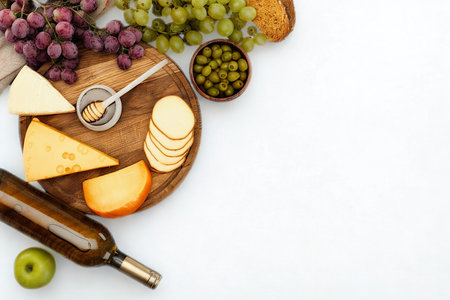 A top-down view of a wooden board with assorted cheeses, grapes, crackers, olives, and a bottle of...