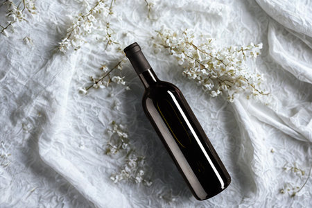 A single, dark glass bottle of wine rests diagonally on a textured white fabric, adorned with delicate white floral elements.の写真素材