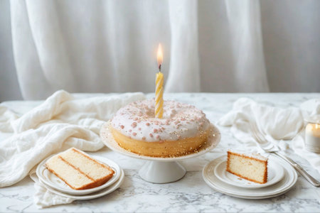 A small, frosted cake with a lit candle sits on a stand, accompanied by two slices on plates, all on a draped fabric surface.の写真素材