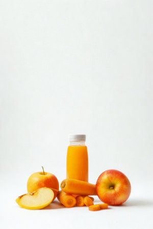 A bottle of vibrant orange juice sits between whole apples, sliced apples, and carrots on a white background.の写真素材