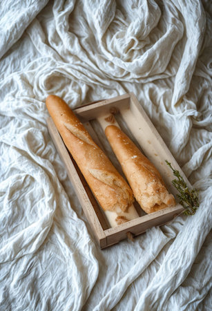 Two perfectly baked golden brown baguettes are presented in a simple wooden tray, artfully arranged on a draped, textured fabric.の写真素材