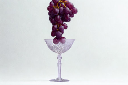 A bunch of ripe purple grapes is suspended and appears to be pouring into an elegant, clear crystal glass against a light background.の写真素材