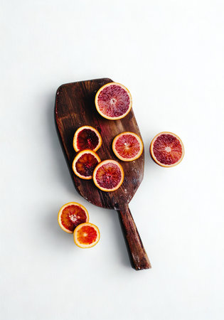 Freshly sliced blood oranges with vibrant red interiors are artfully arranged on a dark, textured wooden board against a clean white background.の写真素材