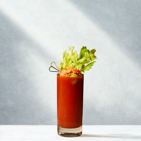 A tall glass of vibrant red Bloody Mary cocktail, garnished with fresh celery and a skewer, sits on a white surface with dappled sunlight.の写真素材