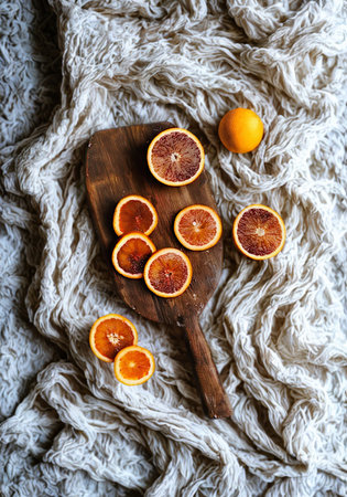 A rustic wooden board displays several dried blood orange slices and one whole blood orange, arranged on a textured, neutral fabric.の写真素材