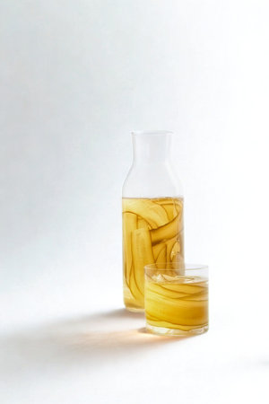 A clear plastic bottle filled with yellow capsules, with its white cap resting beside it on a white surface.の写真素材