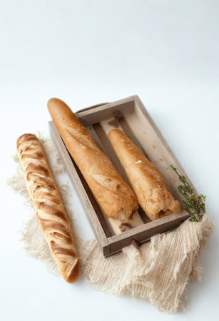 A rustic wooden tray holds two golden-brown baguettes and a spiral bread stick, artfully arranged on a textured linen cloth.の写真素材
