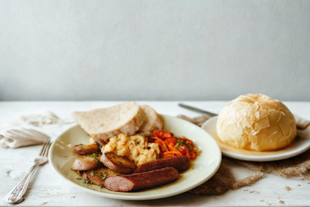 A close-up of a plate featuring sliced meat, toppings, and bread, with a bun on a separate plate. A fork rests nearby.の写真素材
