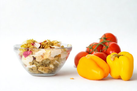 A clear glass bowl filled with colorful salad sits next to vibrant red tomatoes and yellow bell peppers on a white surface.の写真素材