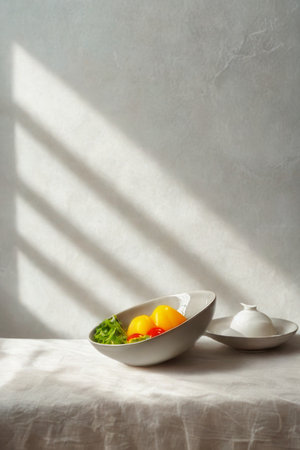 A bright, artistic still life featuring a bowl of fruit bathed in sunlight, with dramatic shadows and a small white dish.の写真素材
