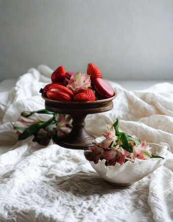 A rustic still life featuring a pedestal dish of sliced strawberries and a small bowl of grapes on a textured white cloth.の写真素材