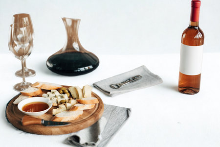 A sophisticated spread featuring a cheese board, wine bottle, decanter, and a stemmed glass, perfect for a tasting experience.の写真素材