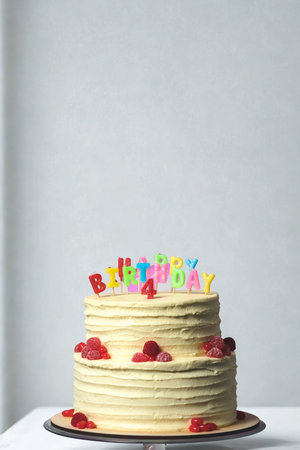 A festive two-tier birthday cake adorned with colorful candles spelling 'Happy Birthday' and topped with red berries.の写真素材