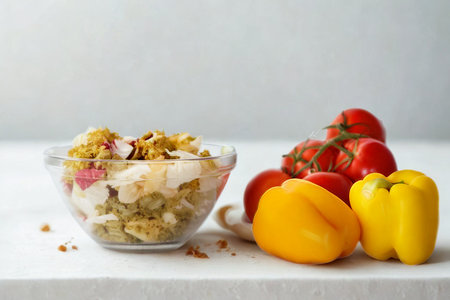 A clear bowl filled with food sits next to vibrant red, yellow, and orange bell peppers and tomatoes on a white surface.の写真素材