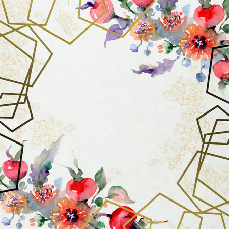 A soft watercolor floral arrangement frames a blank space, accented by delicate gold geometric lines.の写真素材