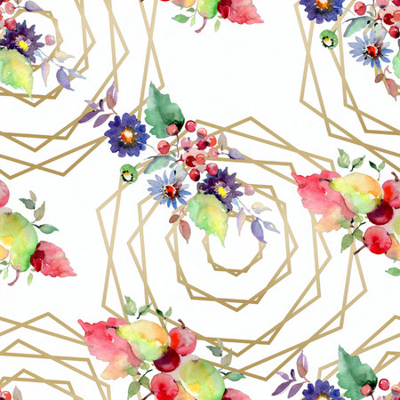 A seamless watercolor pattern featuring vibrant floral bouquets intertwined with delicate gold geometric shapes on a white background.の写真素材