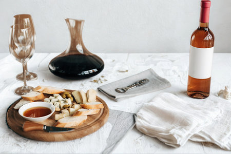 A sophisticated wine tasting arrangement featuring a bottle of rosÃ©, a decanter, a cheese board, and elegant glassware.の写真素材
