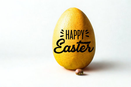 A textured golden egg featuring the words Happy Easter in black lettering against a white background.の写真素材