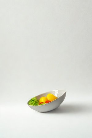 A minimalist shot of a small, grey bowl filled with vibrant green and orange food against a plain white background.の写真素材