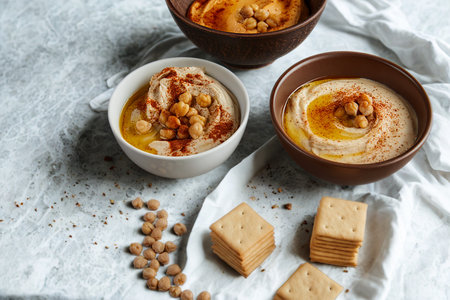 A spread of three different hummus bowls, garnished with chickpeas, spices, and olive oil, served with crackers on a white platter.の写真素材