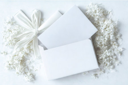 Two blank white invitation cards are artfully arranged on a bed of delicate white and pink floral elements and ribbon.の写真素材