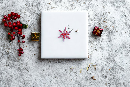 A clean white gift box is adorned with a pink bow and sits on a textured, snowy surface with festive berries and ornaments.の写真素材