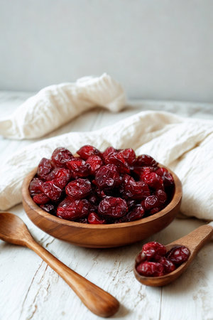 A wooden bowl overflows with vibrant dried cranberries, accompanied by two wooden spoons, set against a textured white background.の写真素材