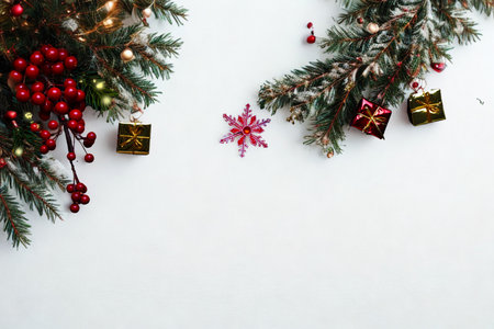 A close-up shot of a Christmas garland with red berries, pine needles, and festive ornaments against a clean white backdrop.の写真素材