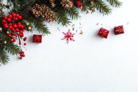 A top down view of Christmas tree branches with red berries pinecones small red gift boxes and snowflake ornaments on a white background.の写真素材