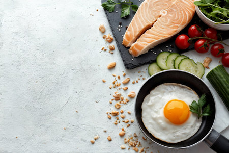 A top-down view of a healthy meal with a salmon steak, fried egg in a pan, and fresh vegetables like zucchini and tomatoes.の写真素材