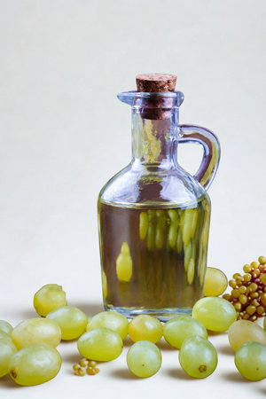 A clear glass bottle filled with golden grapeseed oil sits surrounded by fresh green grapes and a cluster of seeds.の写真素材