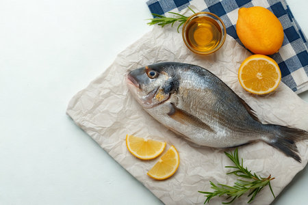 A whole raw fish lies on a light cloth with lemon slices, rosemary, olive oil, and an orange, ready for a delicious meal.の写真素材